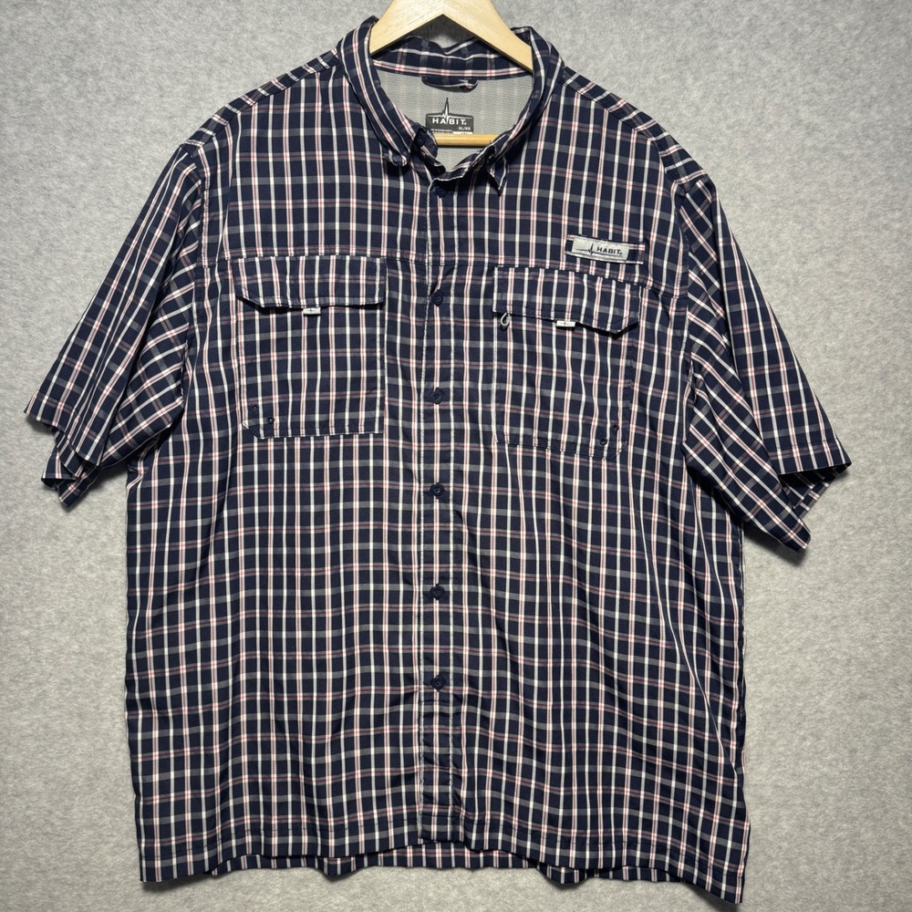 Habit‎ Mens Fish Finder Fishing Shirt XL Blue Plaid UPF 40 Short Sleeve TS10161
